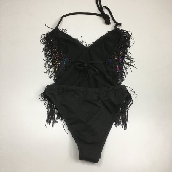 Black MultiColor Sequin Embellished Fringe Dancewear One Piece Costume Romper - Picture 9 of 12